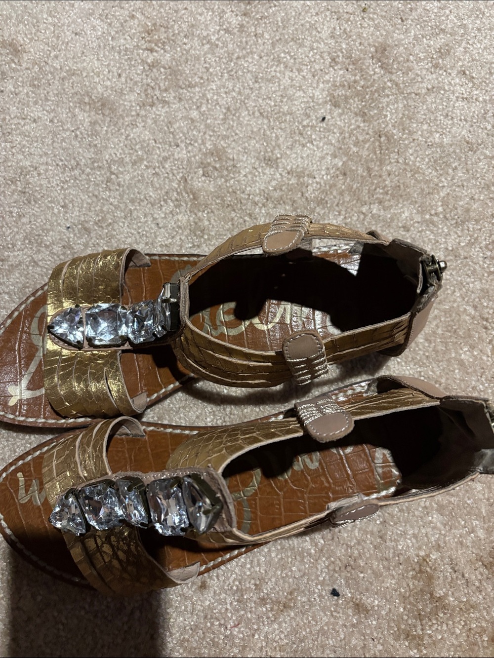 Sam Edelman Gold Croc-Effect Jeweled T-Strap Sandals - Picture 6 of 6